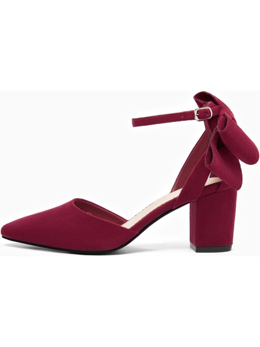 〽️Women's Burgundy Chunky Heels Ankle Strap Pointed Toe Pumps Satin Shoes